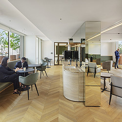 Confidential Paris client office cafe seating.