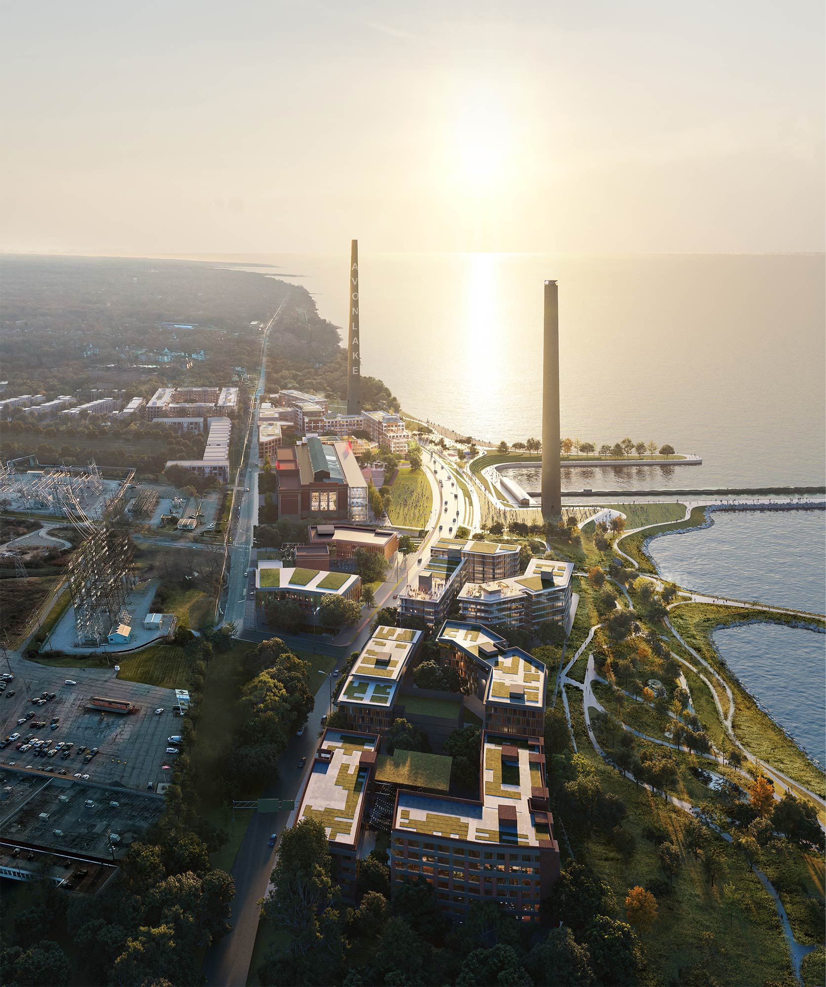 Avon Lake Renewable Master Plan bird's eye view at sunset.