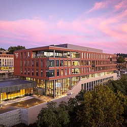 Aerial sunset view of WVU Reynolds Hall