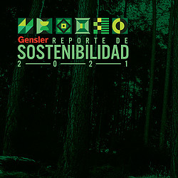 Gensler Reporte de Sostenibilidad 2021 text on tree background.