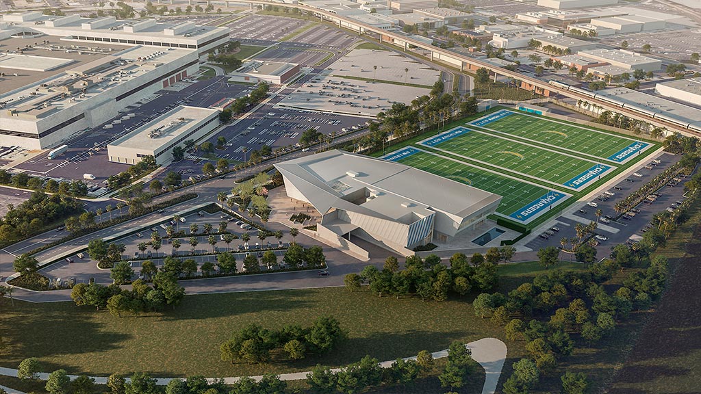 Los Angeles Chargers headquarters and training facility aerial rendering.
