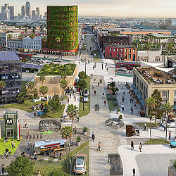 A city with a large green building.