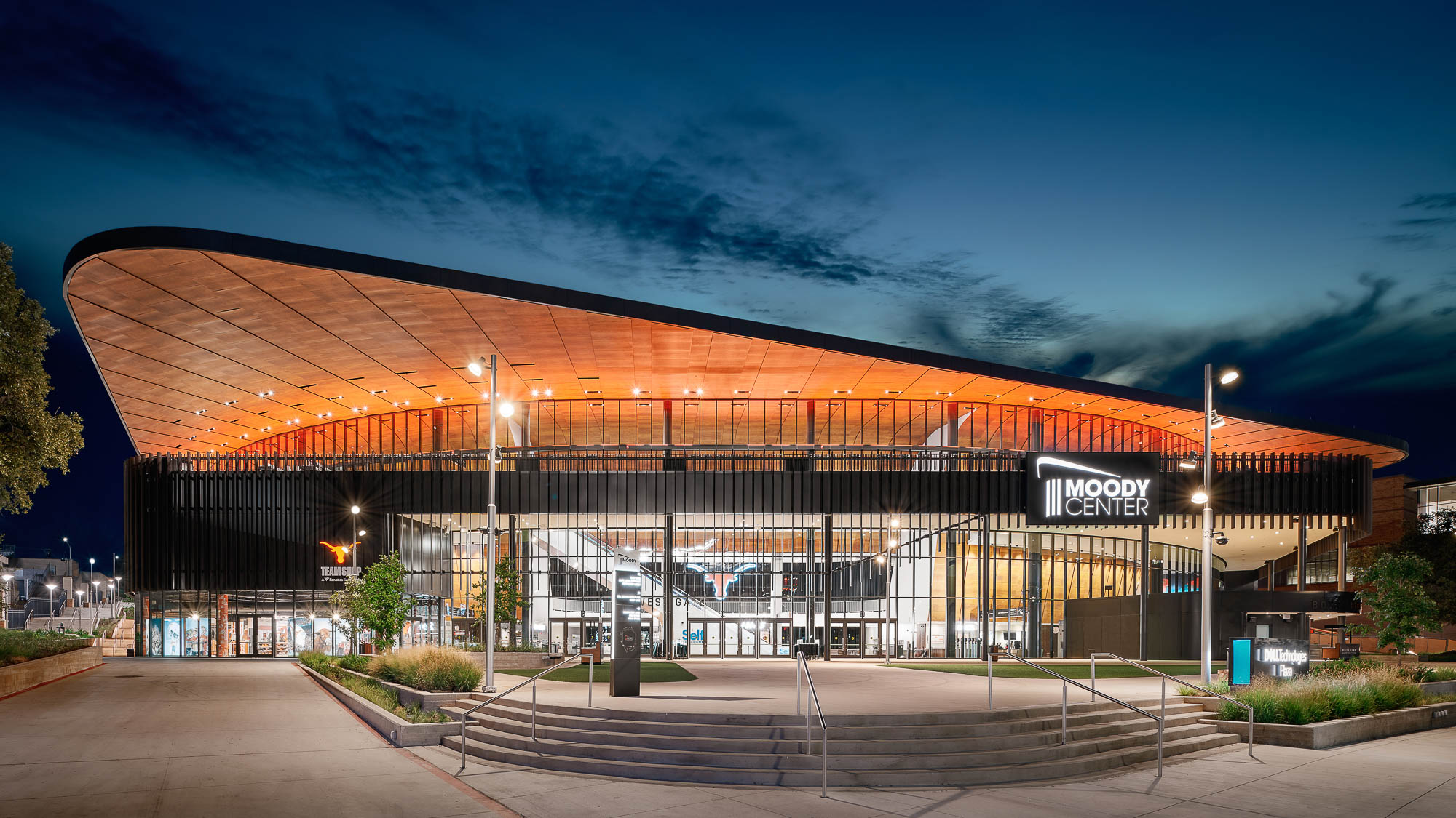 A building with a large roof.