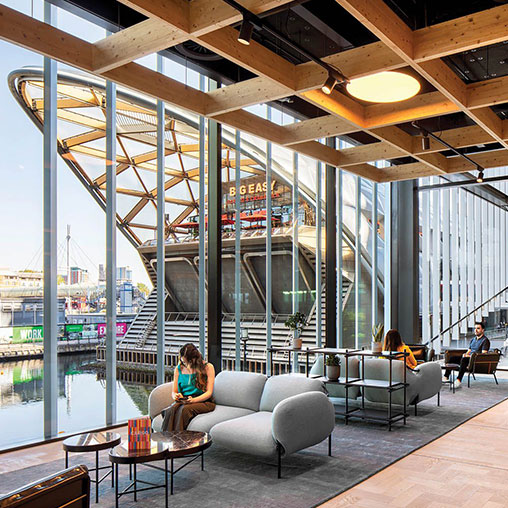 Cargo Crossrail Place interior with view of Canary Wharf.