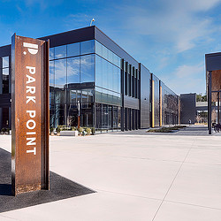 A building with glass windows.