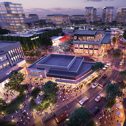 Fields West Master Plan aerial nighttime rendering