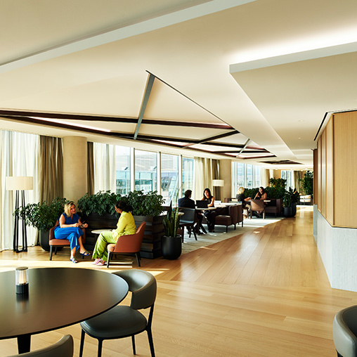 Law firm lounge space with wooden floors