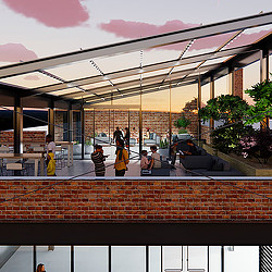 A group of people sitting on a patio with a glass wall and a building with a glass roof.