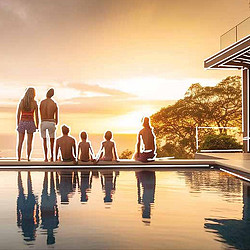 Illustration of 6 people watching the sunset from a resort pool. Credit: Revista INversión INmobiliaria