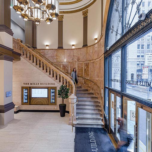 The Mills Building lobby with staircase