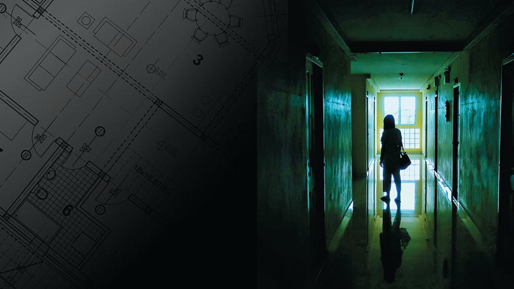 Composite of floorplan and woman in dark hallway. Credit: Ken Stocker/Shutterstock, Hitdelight/Shutterstock