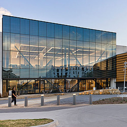 A building with glass windows.