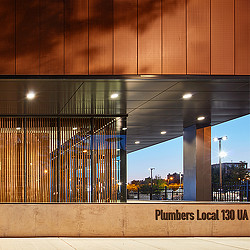 The ground floor facade of the Plumbers Union Training Center