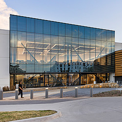 A building with glass windows.