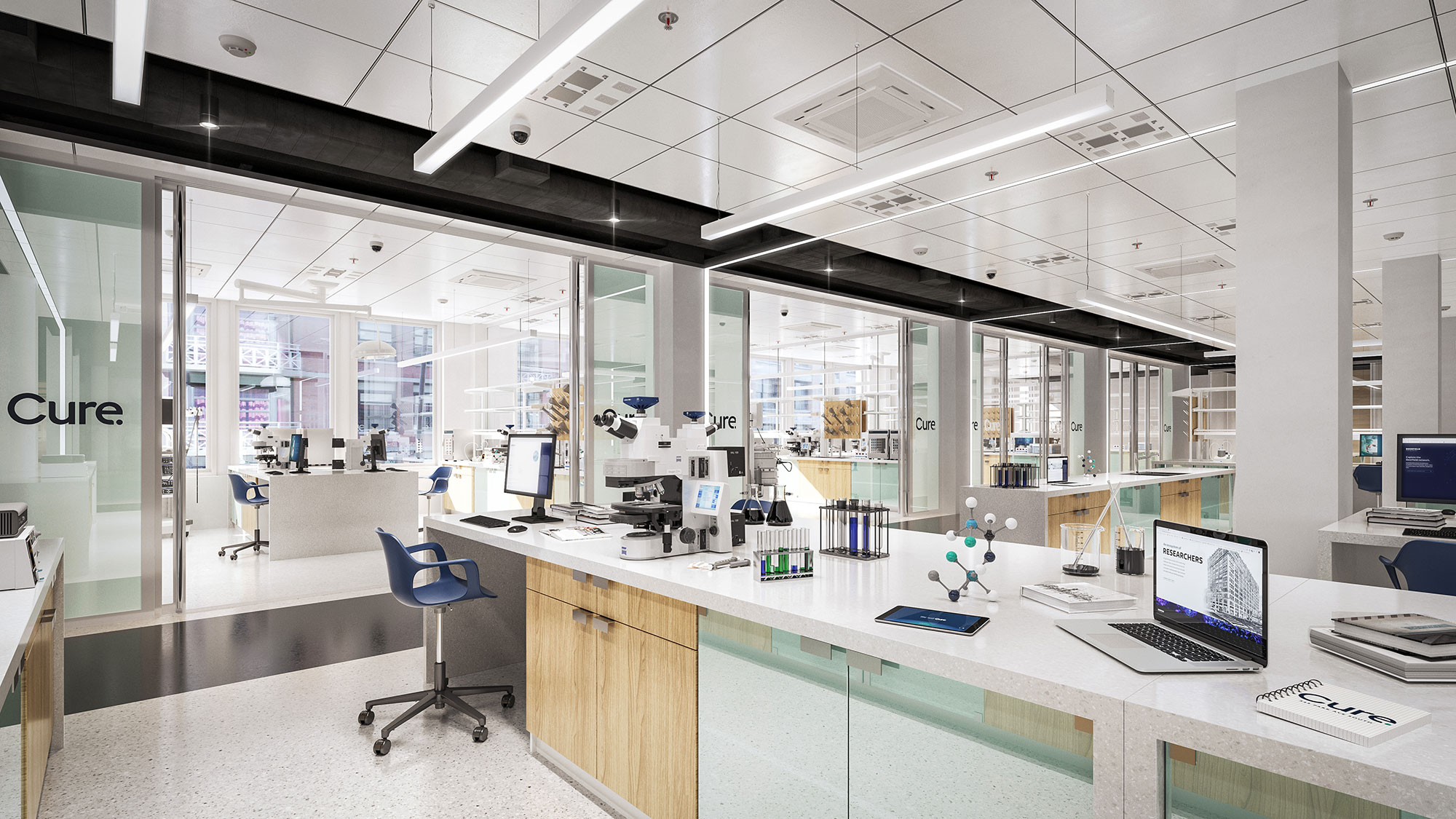 An office with a large glass wall.