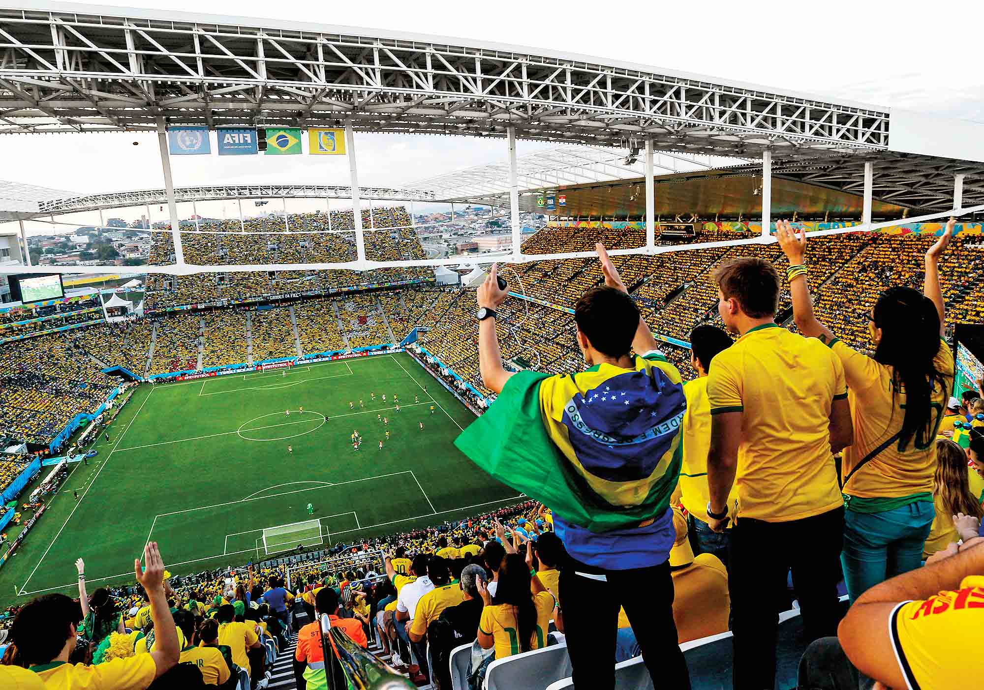 A group of people in a stadium.