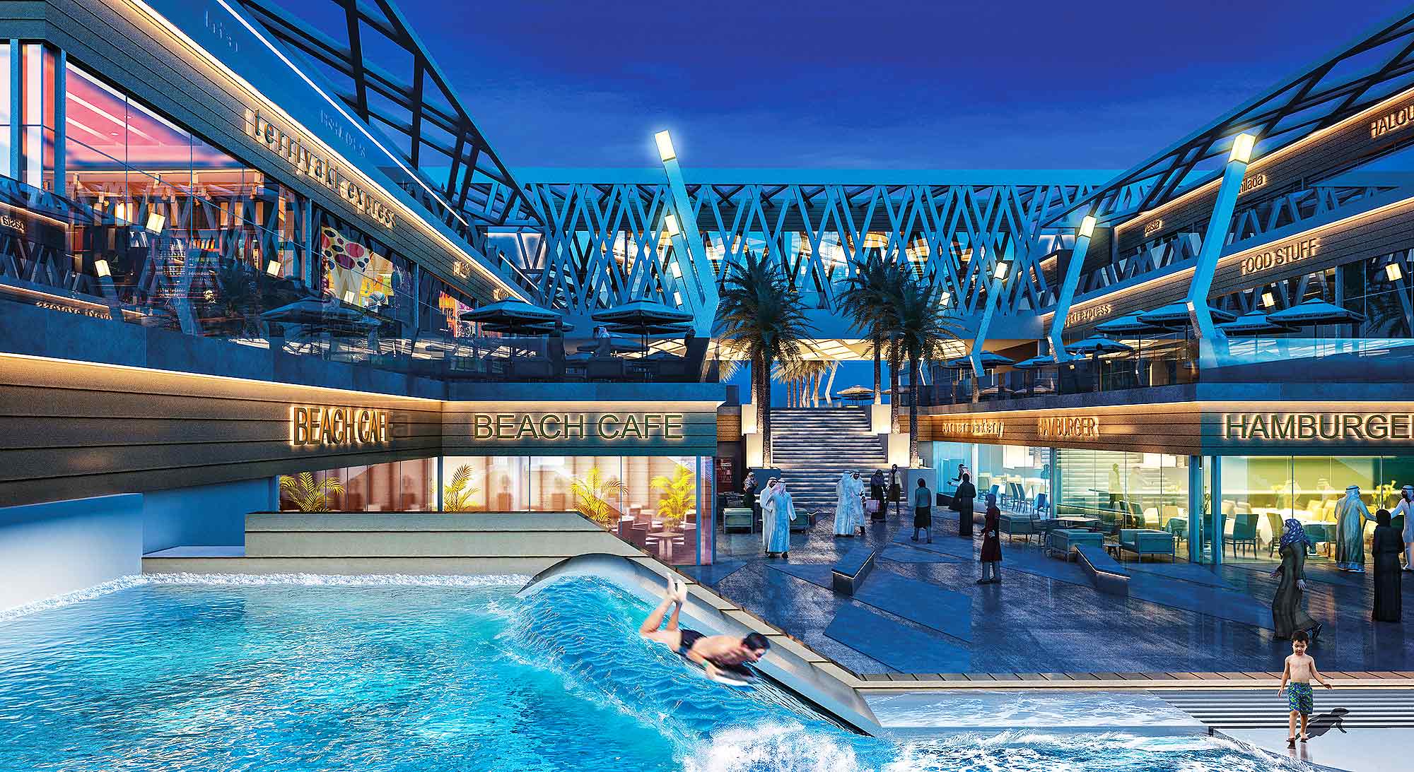 A pool with a bridge in the background.