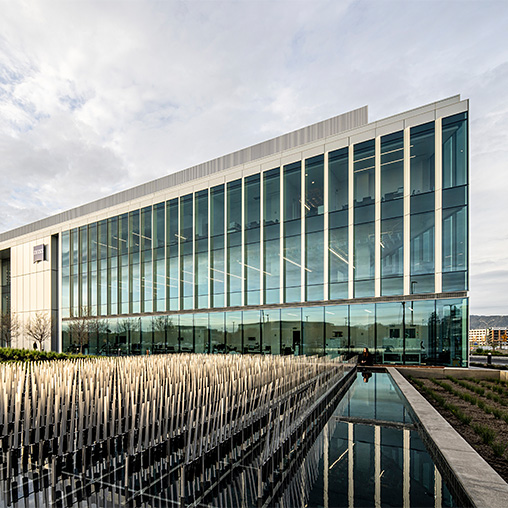 A large glass building.