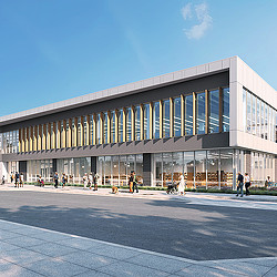 A building with people outside.