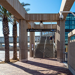 A person walking up a flight of stairs.