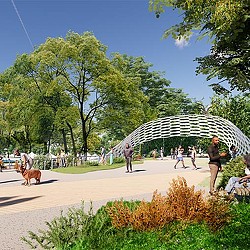 People walking along a green path with a sculptural structure overhead
