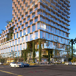 Mixed-use tower rendering from Sunset/Highland corner