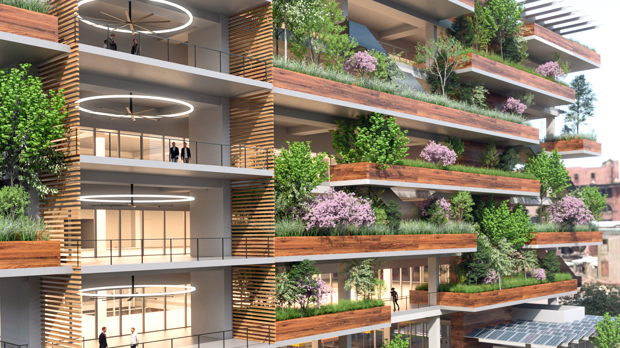 A rendering of an office building with exterior terraces planted with trees and greenery.