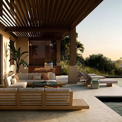 A patio with a wood bench and a covered patio with a wood roof.