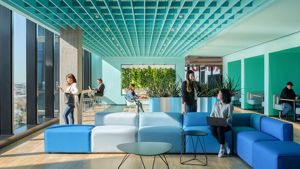 Adobe Founders Tower teal-colored collaboration space