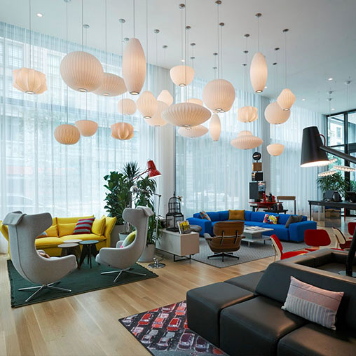citizenM DTLA lobby with lantern light fixtures