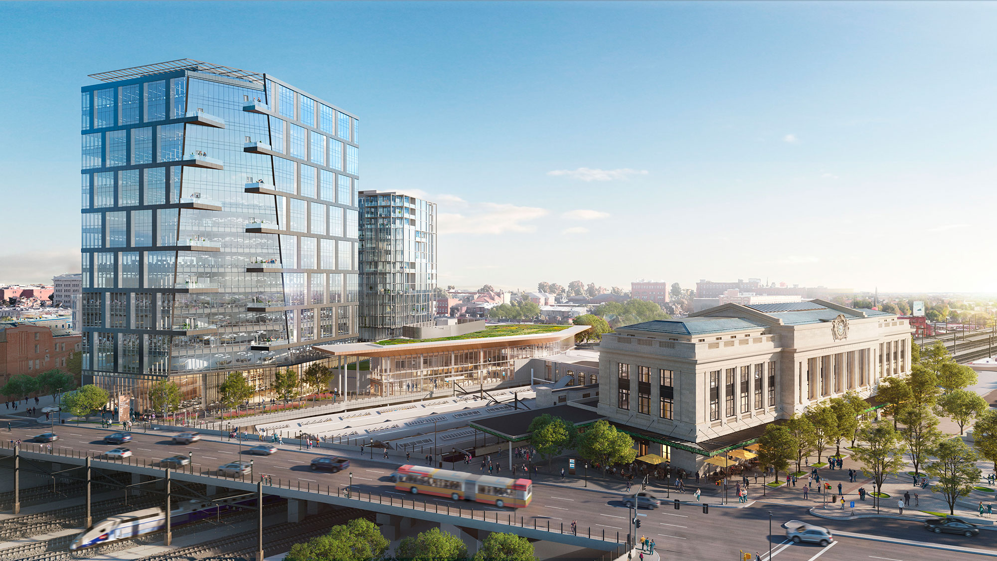 A train station in a city.