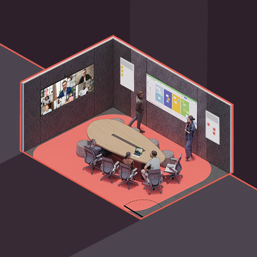 A group of people gathered for a hybrid meeting in the office.