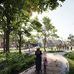 A woman and a child walking on a stone path with trees and buildings.