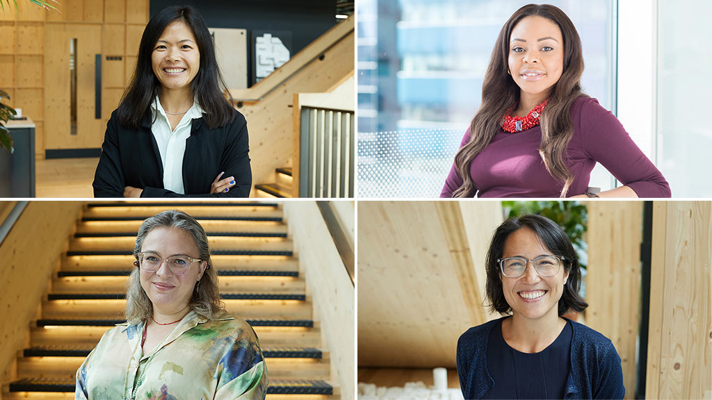 Collage of Gensler London 2024 Principals Diana Lee, Sarah Ekundayo, Juliette Morgan, Naomi Sakamoto