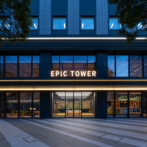 Epic Tower Shin Yokohama front building entrance in the evening