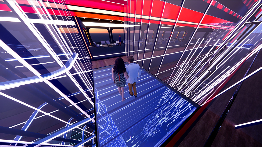 A man and woman walking down a walkway in a building with red and white lights.