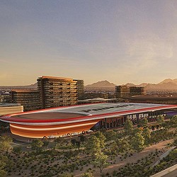 Arizona Coyotes Arena and Entertainment District rendering at dusk