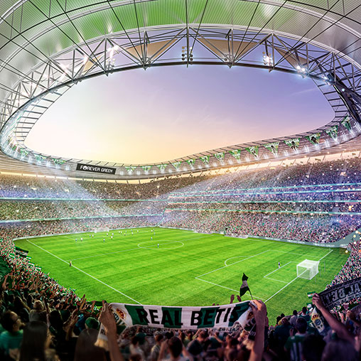 A large stadium with a field and a large crowd of people.