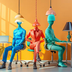 3 colorful mannequins wearing clothing and sitting in chairs. Art by Clark Miller
