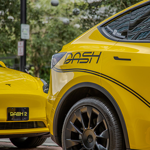 DASH branding on yellow Teslas