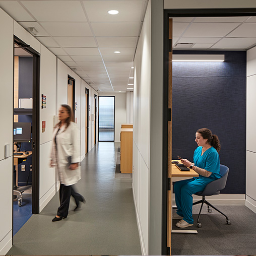 Mass General Brigham iCare hallway and private healthcare worker room