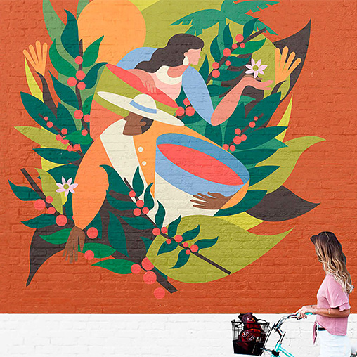 Espresso Americano art and logo on brick wall