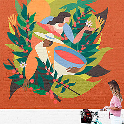 Espresso Americano art and logo on brick wall