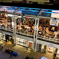 A high angle view of a shopping mall.