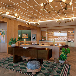 A room with a bar, chairs, and a large chandelier.