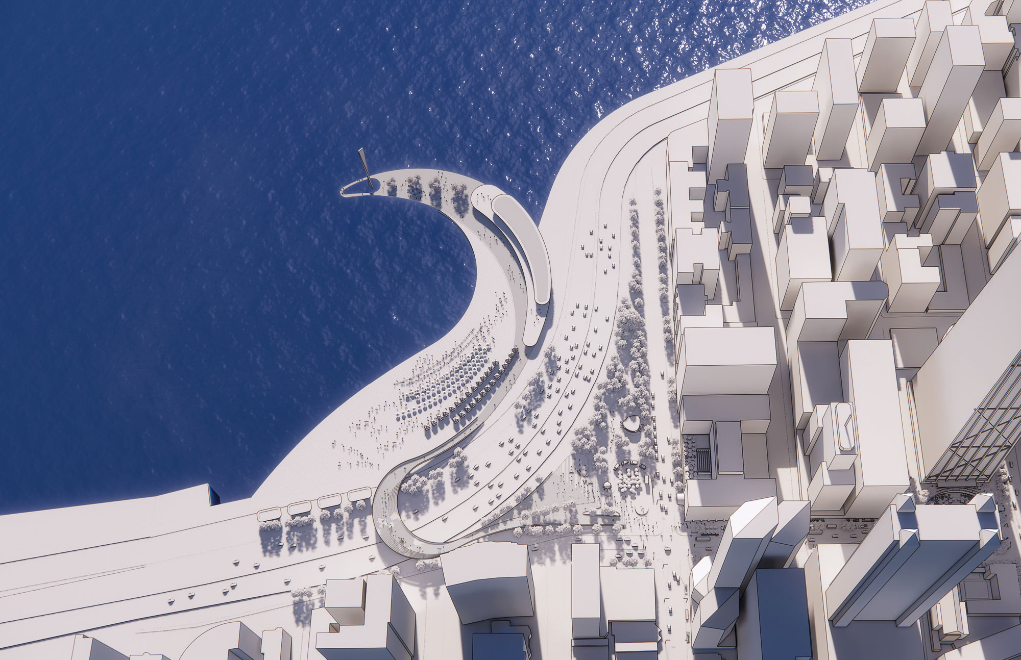 Oak Street Beach + Bridge aerial rendering