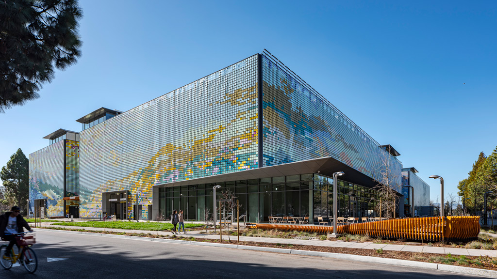 A building with a glass front.