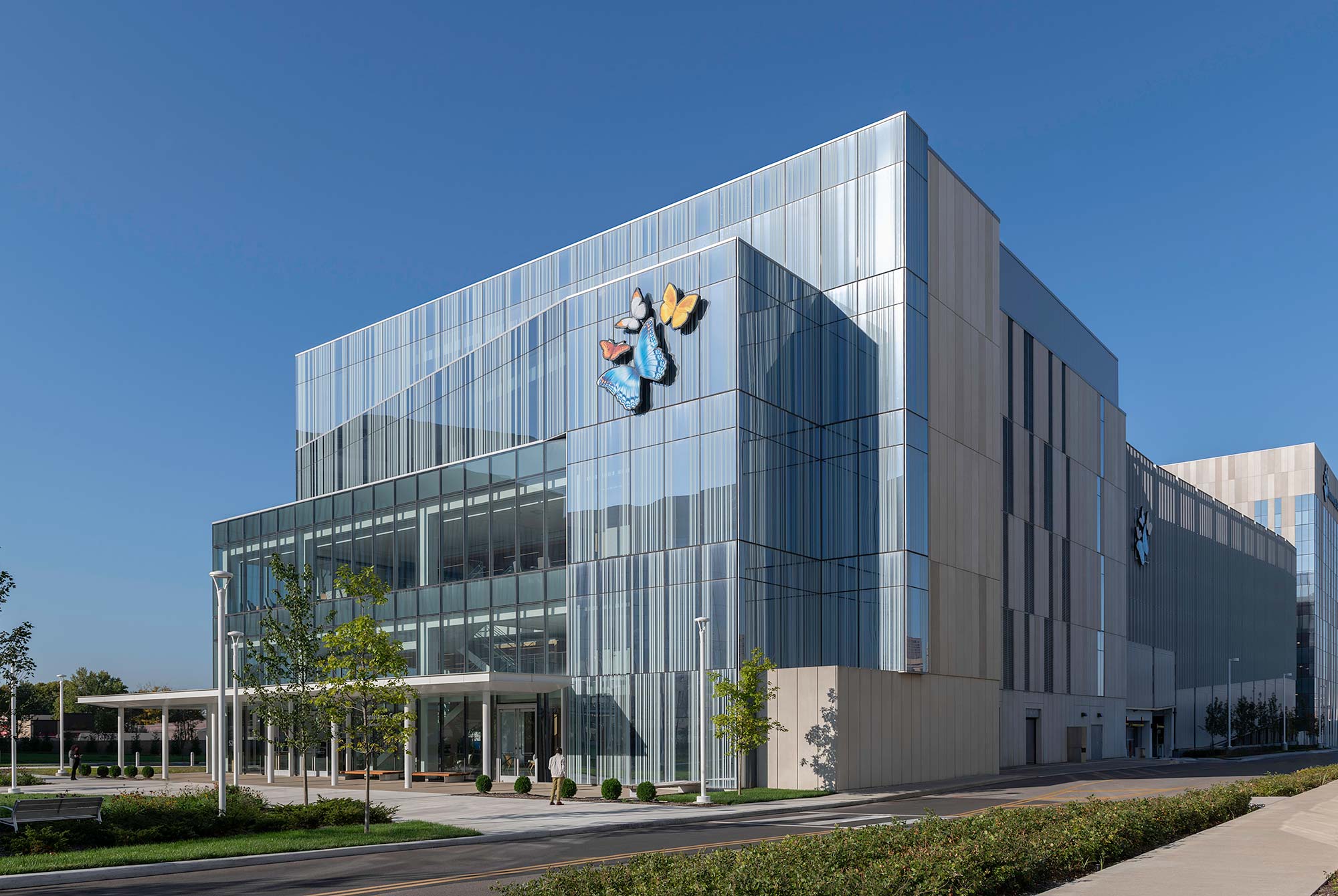 A large glass building.