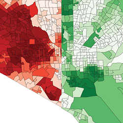 This map shows the ‘White L’ and the ‘Black Butterfly’ comparing the impact of climate change on non-white and white communities in Baltimore.