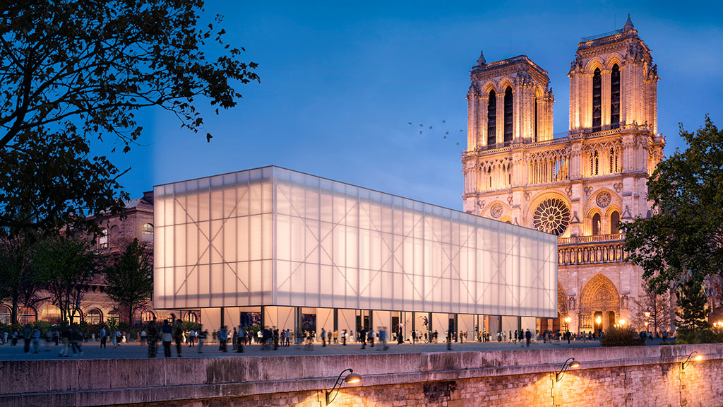 A large building with a glass front.